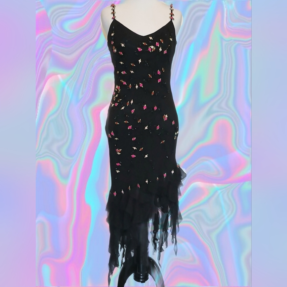 Vintage Black Floral Asymmetrical Dress